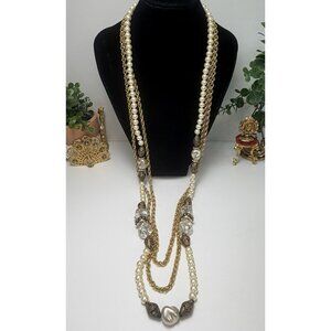 Maya Evangelista Very Long 3 Strand Pearl & Chain Statement Necklace